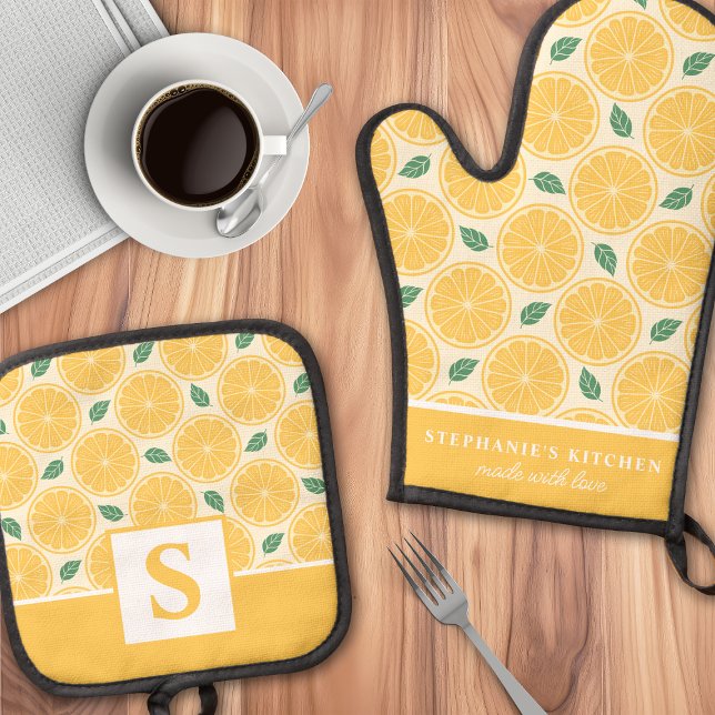 Lemon Slices Citrus Cute Summer Monogrammed Oven Mitt & Pot Holder Set (Creator Uploaded)