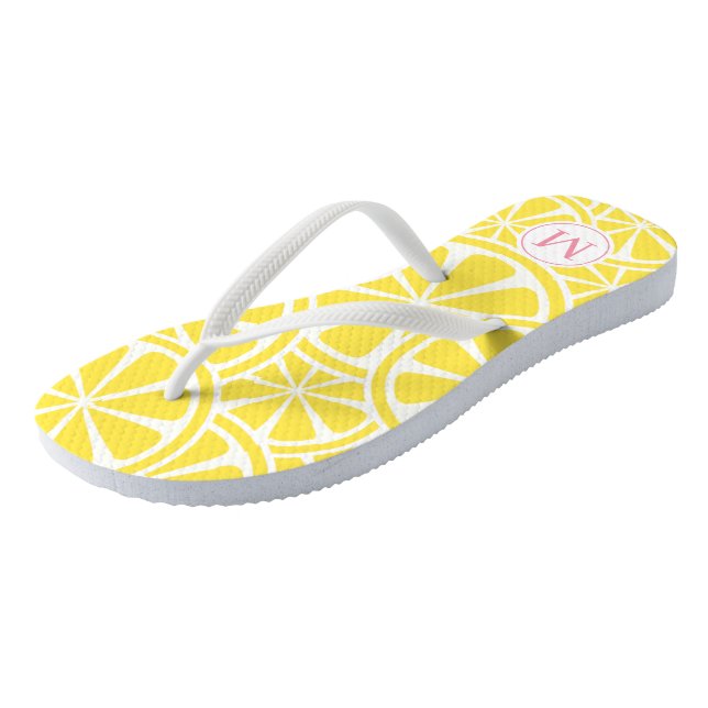 Lemon Slices Monogram Yellow and Pink Flip Flops (Angled)