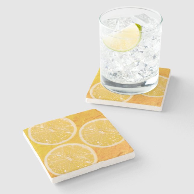 Lemon Slices on Summery Citrus Background Stone Coaster (Side)