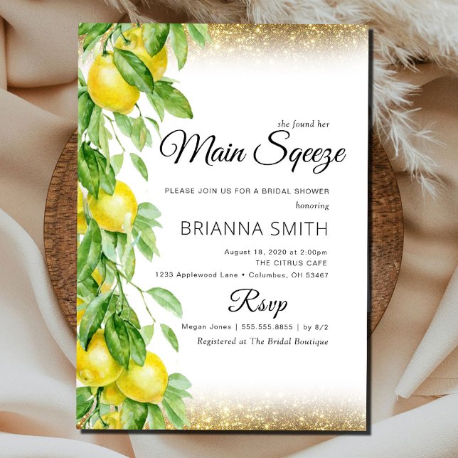 Lemon Squeeze Glitter Elegant Bridal Shower Invitation (Creator Uploaded)
