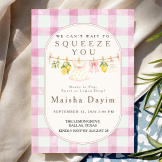 Lemon Squeeze Pink Gingham Girl Baby Shower Invitation