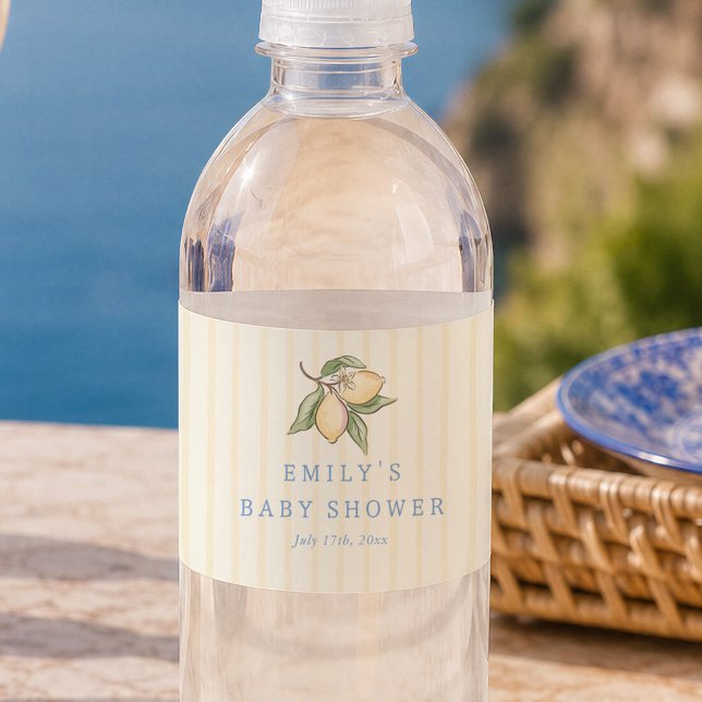 Lemon Squeeze Yellow Stripes Baby Shower Water Bottle Label (Creator Uploaded)