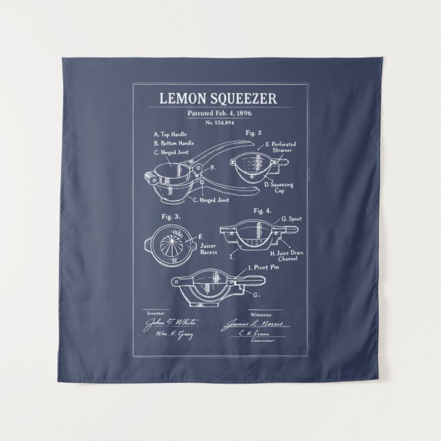 Lemon Squeezer blueprint Patent Sketch Tapestry (Front)