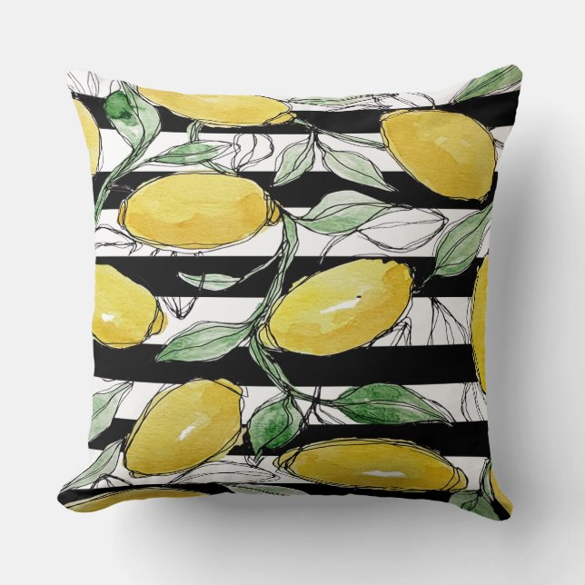 Lemon Striped Watercolor Print Cushion (Front)