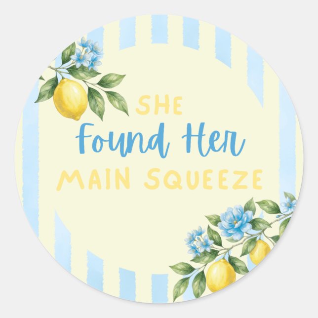 Lemon Stripes Main Squeeze Bridal Shower Classic Round Sticker (Front)