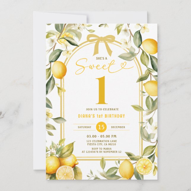 Lemon Sweet One 1st Birthday Party Invitation (Front)