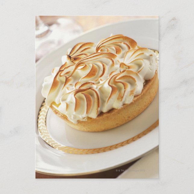 Lemon tart with baked meringue on plate postcard (Front)