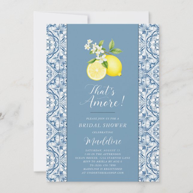 Lemon That's Amore Blue Tile Bridal Shower Invitation (Front)