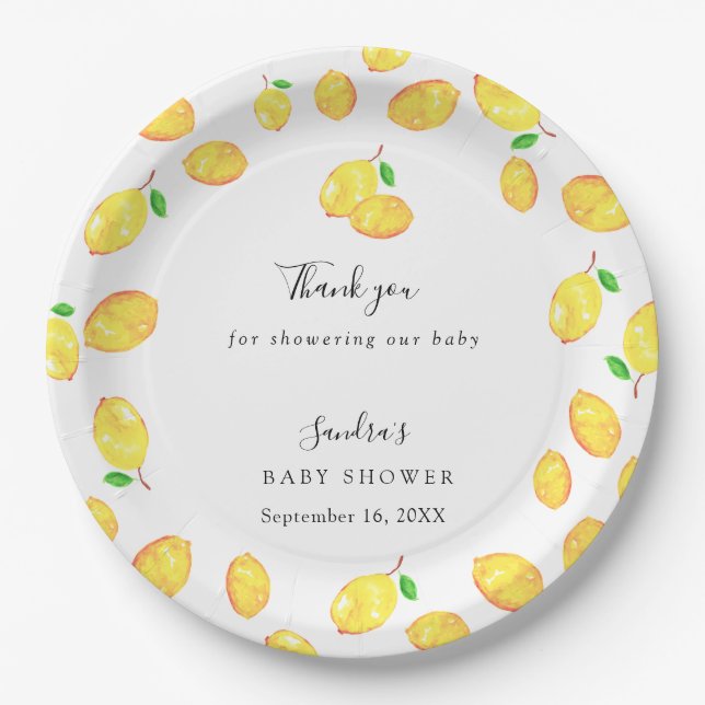 Lemon Theme Baby Shower Citrus Modern Script Paper Plate (Front)