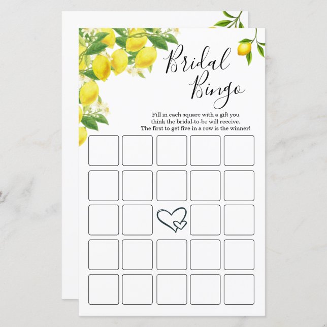 Lemon Theme Bridal Shower Bingo Cards (Front/Back)