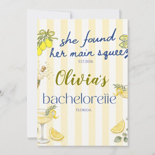 lemon theme she found her main squeeze yellow  invitation (Front)