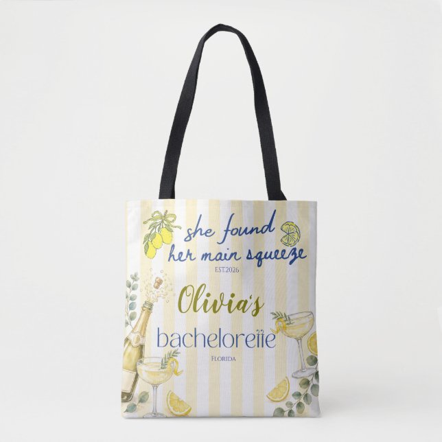 lemon theme she found her main squeeze yellow  tote bag (Front)