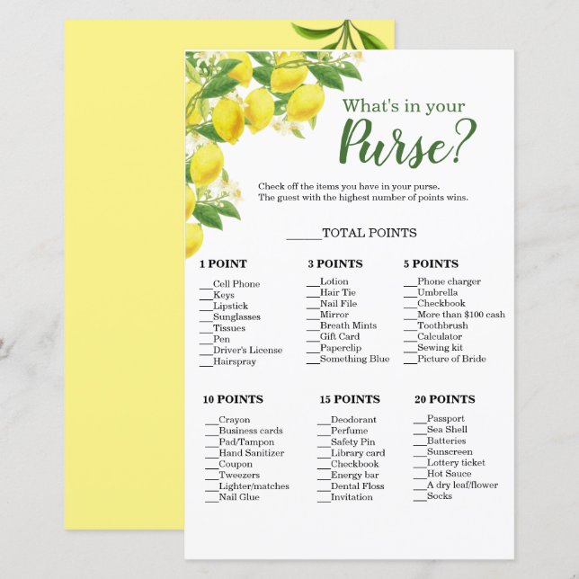 Lemon Theme What's In Your Purse Shower Game (Front/Back)