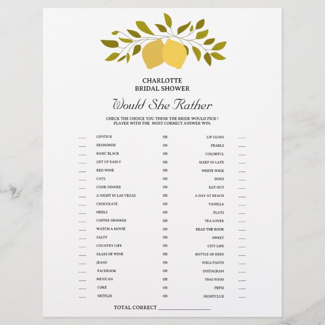 Lemon Theme Would She Rather Bridal Shower Game  Flyer (Front)