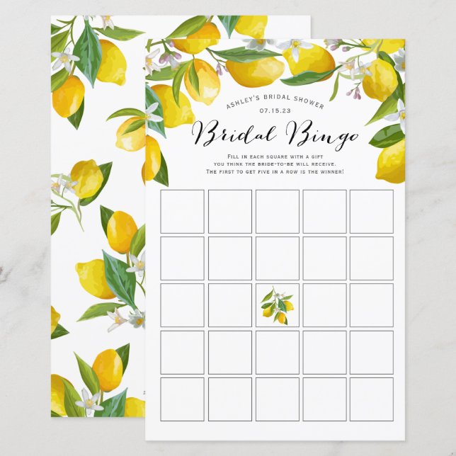 Lemon Themed bridal shower bingo games, (Front/Back)
