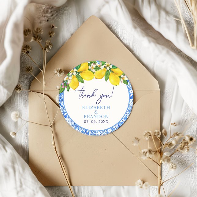 Lemon-Themed Mediterranean Tiles Wedding Classic Round Sticker (Creator Uploaded)