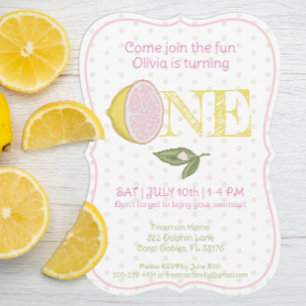 Lemon Themed Pink First Birthday Invite