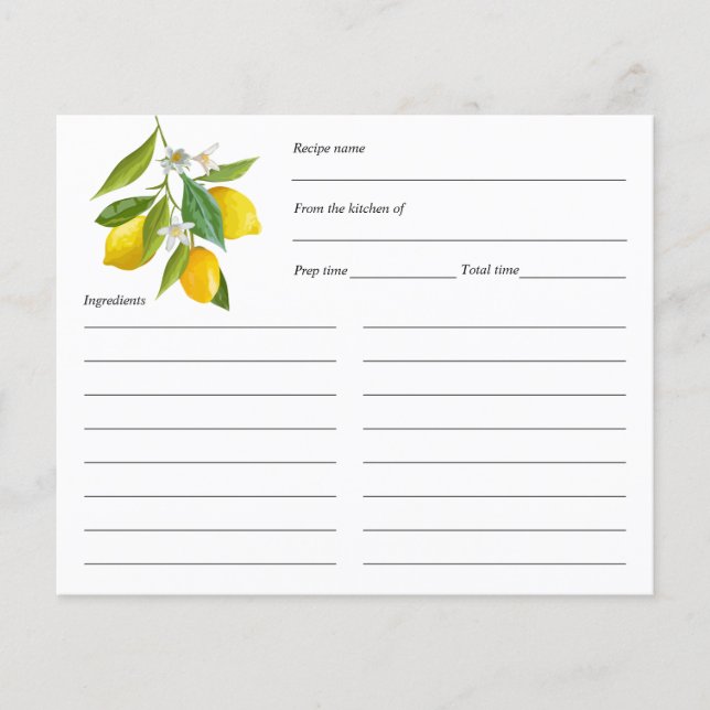 Lemon themed, recipe card personalised (Front)