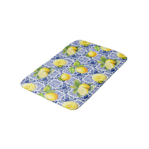 Lemon Tile Blue White Pattern Mediterranean Citrus Bath Mat