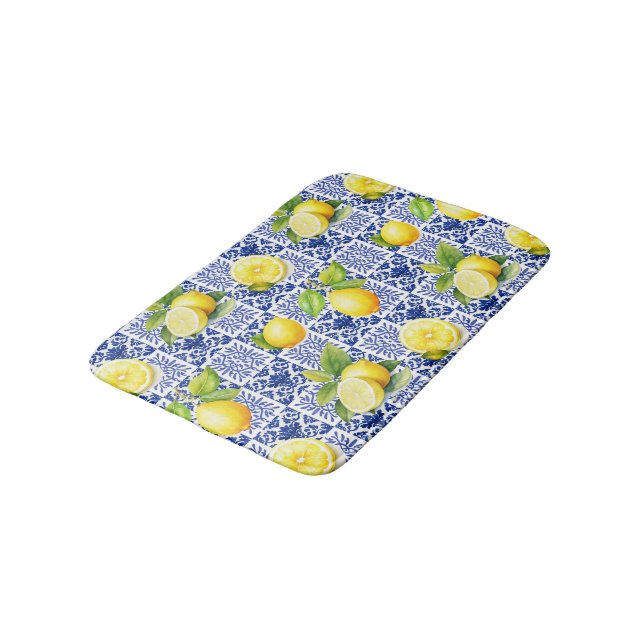 Lemon Tile Blue White Pattern Mediterranean Citrus Bath Mat (Angled)