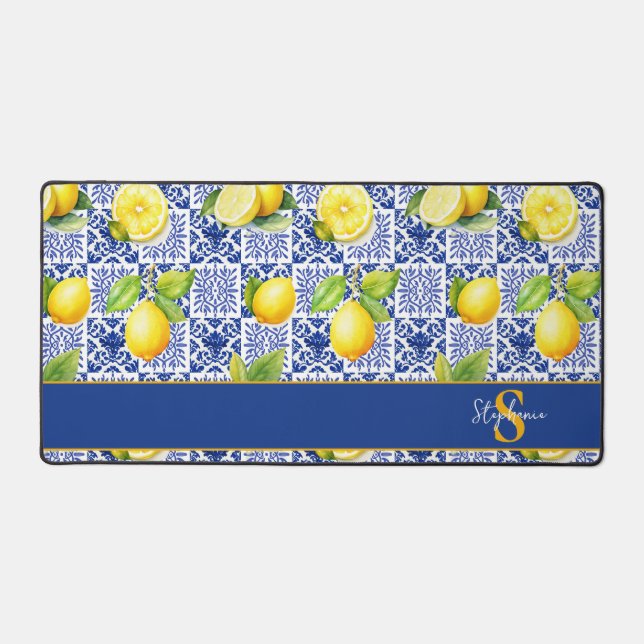 Lemon Tile Blue White Pattern Monogram Name Citrus Desk Mat (Front)