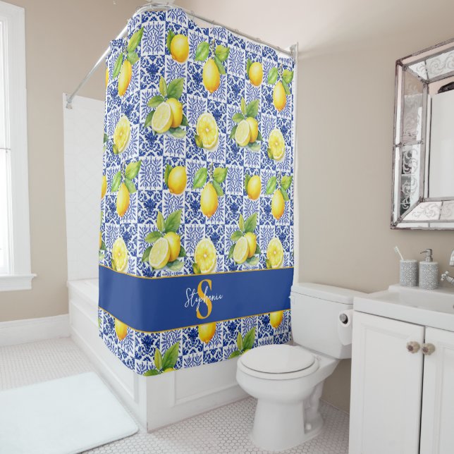 Lemon Tile Blue White Pattern Name Monogram Citrus Shower Curtain (In Situ)