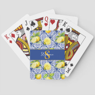 Lemon Tile Pattern Blue White Citrus Monogram Name Playing Cards