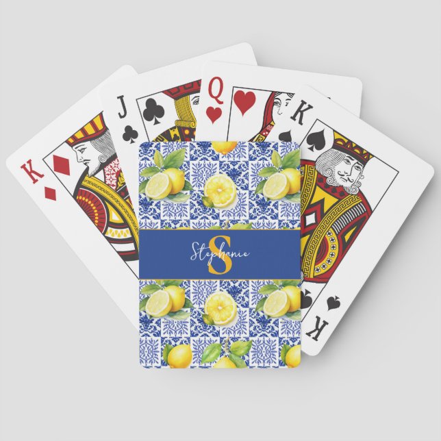 Lemon Tile Pattern Blue White Citrus Monogram Name Playing Cards (Back)