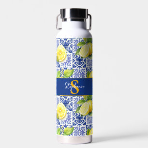 Lemon Tile Pattern Blue White Citrus Monogram Name Water Bottle