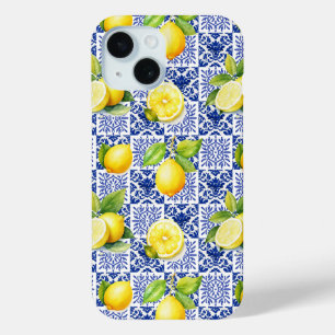 Lemon Tile Pattern Blue White Mediterranean Citrus iPhone 15 Case
