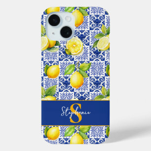 Lemon Tile Pattern Blue White Mediterranean Citrus iPhone 15 Case