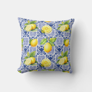 Lemon Tile Pattern Blue White Mediterranean Citrus Cushion