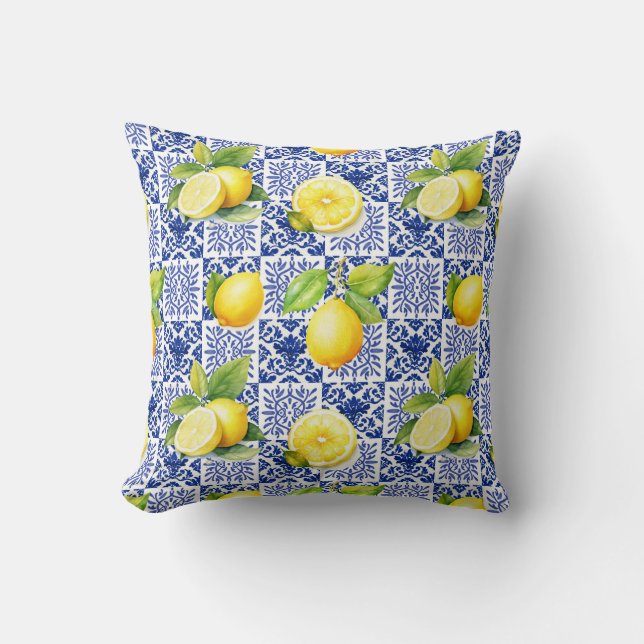 Lemon Tile Pattern Blue White Mediterranean Citrus Cushion (Front)