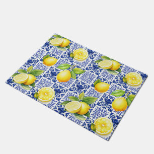 Lemon Tile Pattern Blue White Mediterranean Citrus Doormat