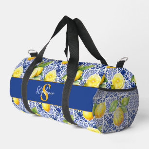 Lemon Tile Pattern Blue White Mediterranean Citrus Duffle Bag