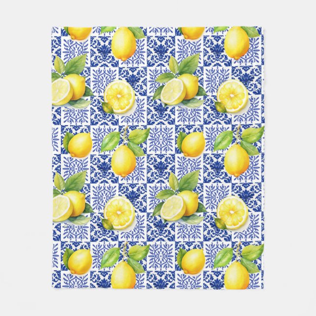 Lemon Tile Pattern Blue White Mediterranean Citrus Fleece Blanket (Front)