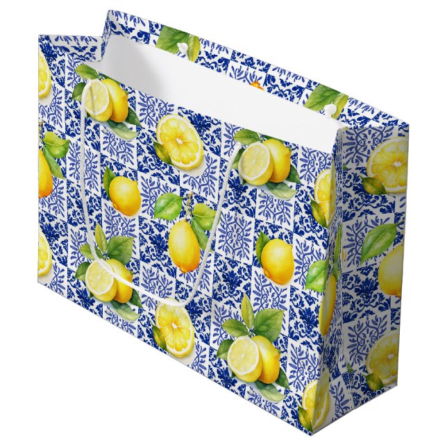 Lemon Tile Pattern Blue White Mediterranean Citrus Large Gift Bag (Front Angled)