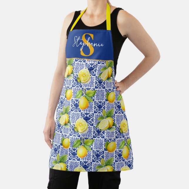 Lemon Tile Pattern Blue White Monogram Name Citrus Apron (Insitu)