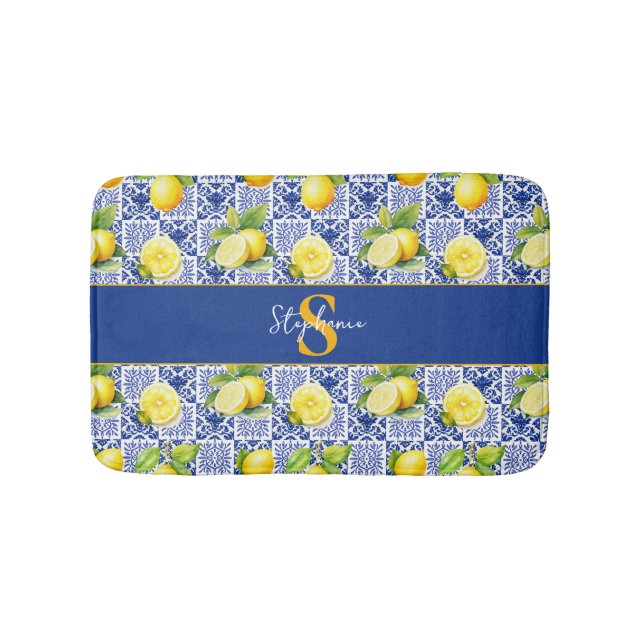 Lemon Tile Pattern Blue White Name Monogram Citrus Bath Mat (Front)