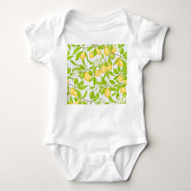 Lemon Tree Branch: Striped Seamless Pattern Baby Bodysuit (Front)