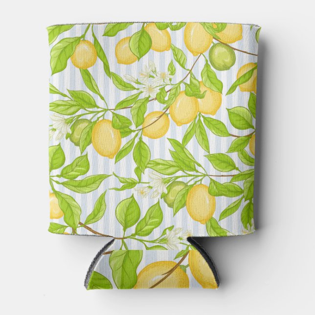 Lemon Tree Branch: Striped Seamless Pattern Can Cooler (Front)