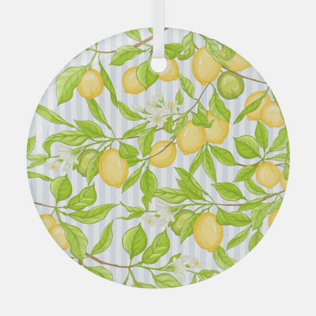 Lemon Tree Branch: Striped Seamless Pattern Glass Tree Decoration (Front)