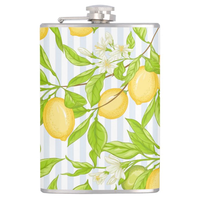Lemon Tree Branch: Striped Seamless Pattern Hip Flask (Front)