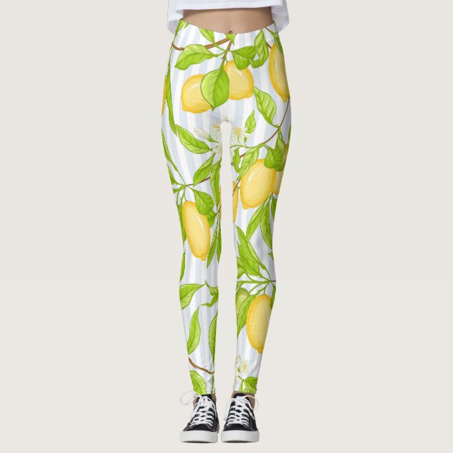 Lemon Tree Branch: Striped Seamless Pattern Leggings (Front)