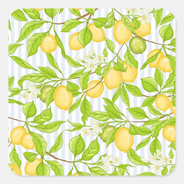 Lemon Tree Branch: Striped Seamless Pattern Square Sticker (Front)