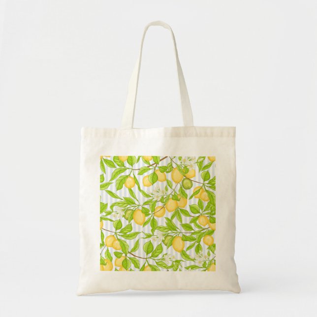 Lemon Tree Branch: Striped Seamless Pattern Tote Bag (Front)