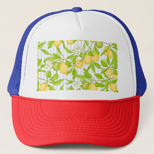 Lemon Tree Branch: Striped Seamless Pattern Trucker Hat (Front)