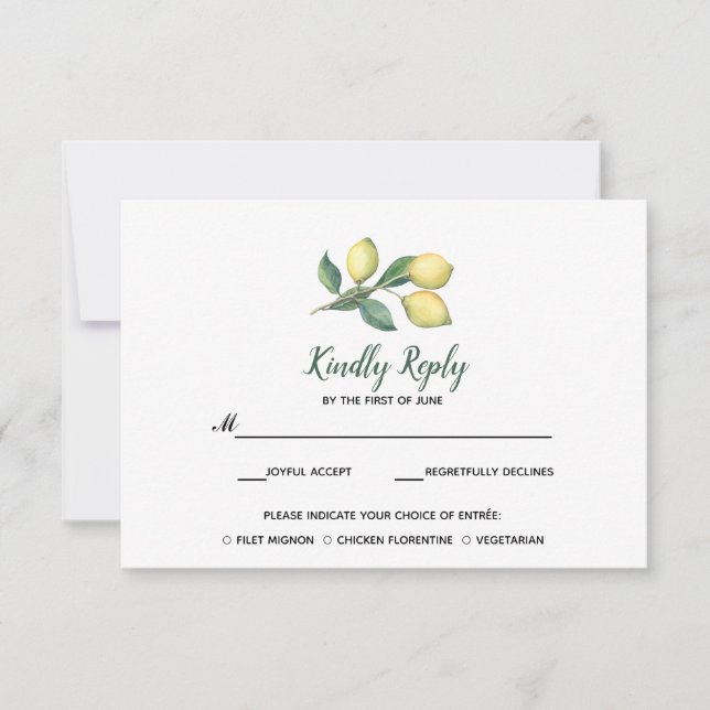 Lemon Tree Branch | Wedding RSVP with meal choise Card (Front)