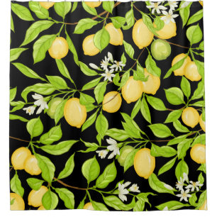 Lemon tree branch with lemons, flowers and leaves. shower curtain