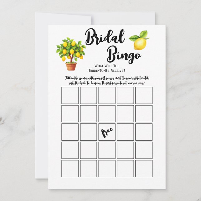 Lemon Tree Citrus Bridal Shower Bingo Party Game Invitation (Front)